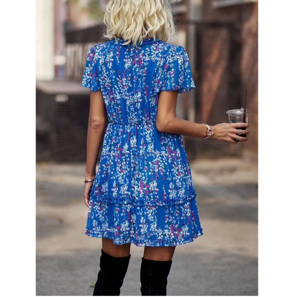 Floral Royal Blue Dress Summer V-Neck Short Mini - Picture 5 of 7